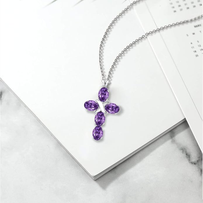 Gem Stone King Cross Pendant Necklace for Women | 925 Sterling Silver | 6X4MM Gemstone Birthstone | Jesus Christian Religious Crucifix Jewelry Gifts | 18 Inch Chain