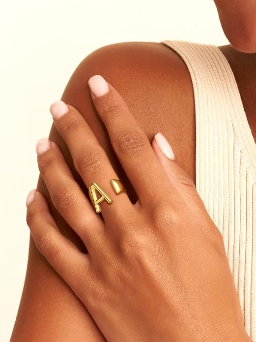 Suplight Nikel Free 18K Gold Plated Letter Rings, Fashion Monogram Jewelry Statement A-Z Wide Name Initial Alphabet Adjustable Open Ring for Women