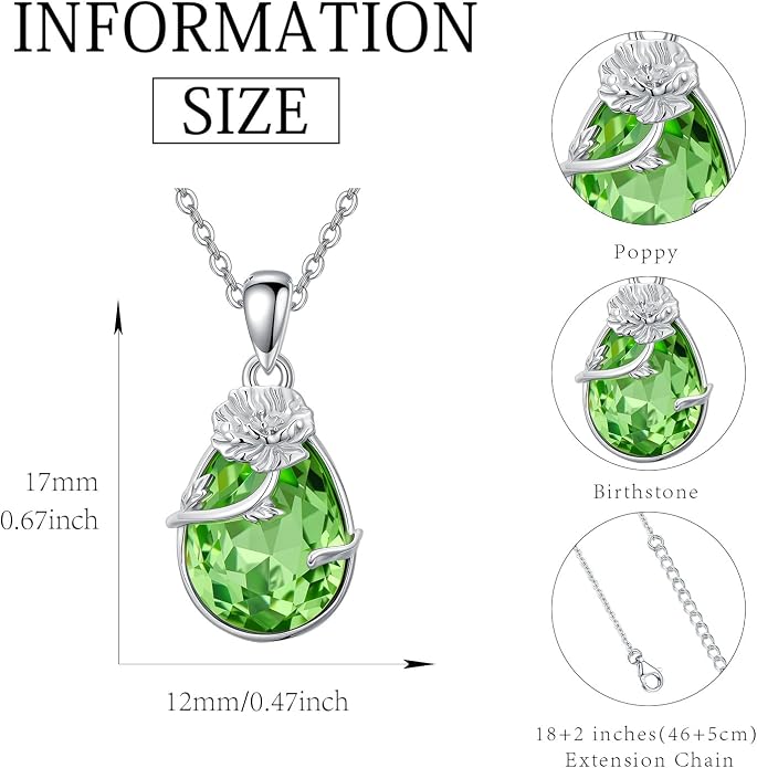 925 Sterling Silver Birth Flower Necklace with Teardrop Shaped Birthstone - 12 Colors, 12 Kinds of Flower - Ideal Birthday Jewelry Gift for Women, Mothers, Daughters & Wives