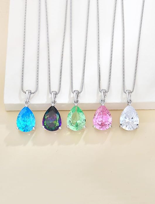 YL Teardrop Necklace 925 Sterling Silver Solitaire Pendant 9x12 MM Pear Cut Multicolored Birthstone Jewelry for Women