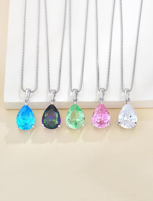 YL Teardrop Necklace 925 Sterling Silver Solitaire Pendant 9x12 MM Pear Cut Multicolored Birthstone Jewelry for Women