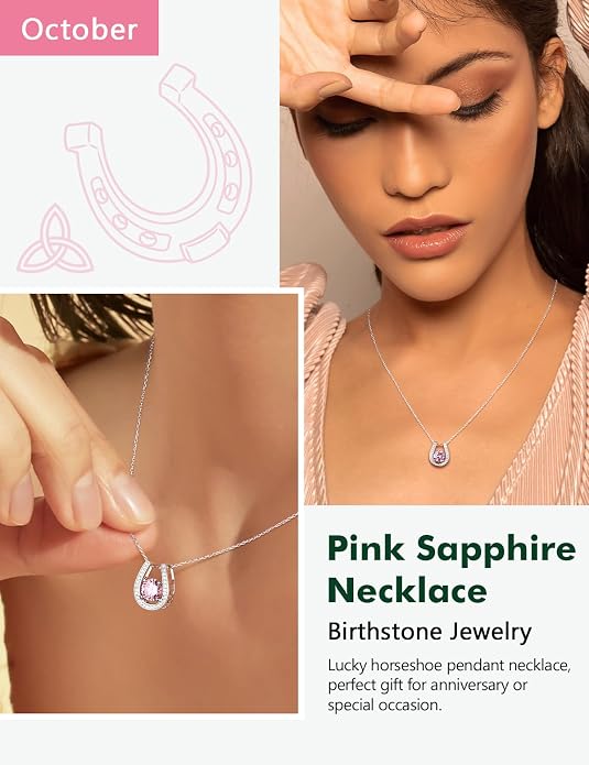 925 Sterling Silver Horseshoe Necklace for Women Round Gemstone Birthstone Necklace Sapphire/Emerald/Ruby/CZ Horse Shoe Pendant Necklaces Jewelry Gift