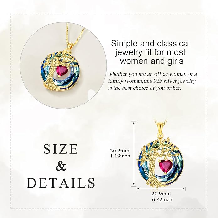 POPLYKE Mothers Day Gifts for Mom Her Wife Tree of Life Necklace 925 Sterling Silver Birthstone Pendant with Crystal Anniversary Birthday Wedding Jewelry for Women