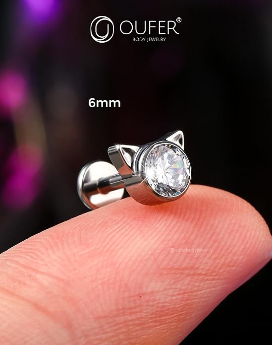 OUFER Cute Kitten Helix Piercing, Silver 16G Helix Earrings Flat Back Internally Threaded Helix Cartilage Piercing Jewelry for Women Men-8MM-6MM