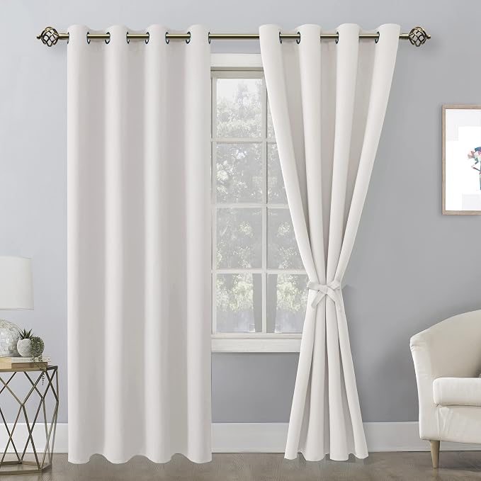 Hiasan Blackout Curtains for Bedroom, 52 x 84 Inches Long - Thermal Insulated & Light Blocking Window Curtains for Living Room/Kids Room, 2 Drape Panels Sewn with Tiebacks, Ivory