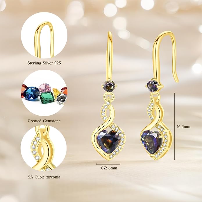 FANCIME Heart Infinity Dangle Drop Earrings 925 Sterling Silver Heart Gemstone Birthstone Earring