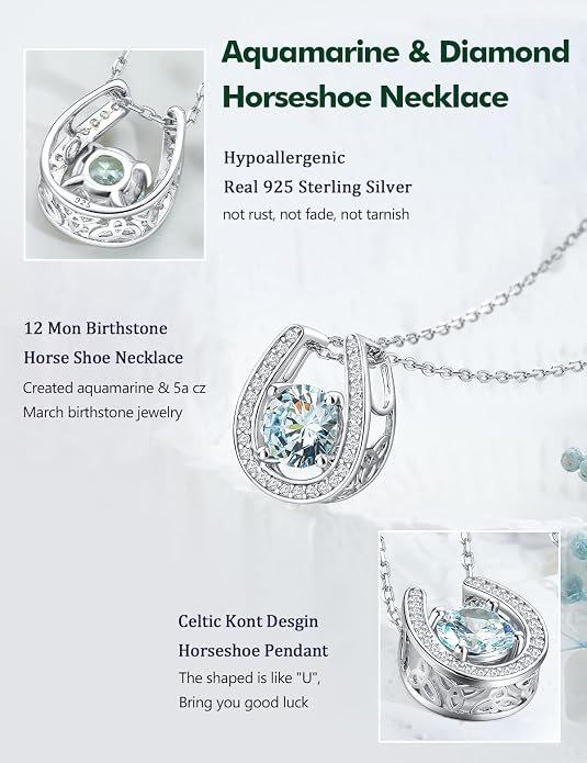925 Sterling Silver Horseshoe Necklace for Women Round Gemstone Birthstone Necklace Sapphire/Emerald/Ruby/CZ Horse Shoe Pendant Necklaces Jewelry Gift
