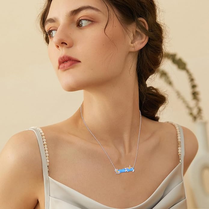 Bar Opal Leaf Necklace For Women S925 Sterling Silver White Opal Pendant with Leaf Charm Bar Pendant Jewelry Gift For Mom Daughter Wife
