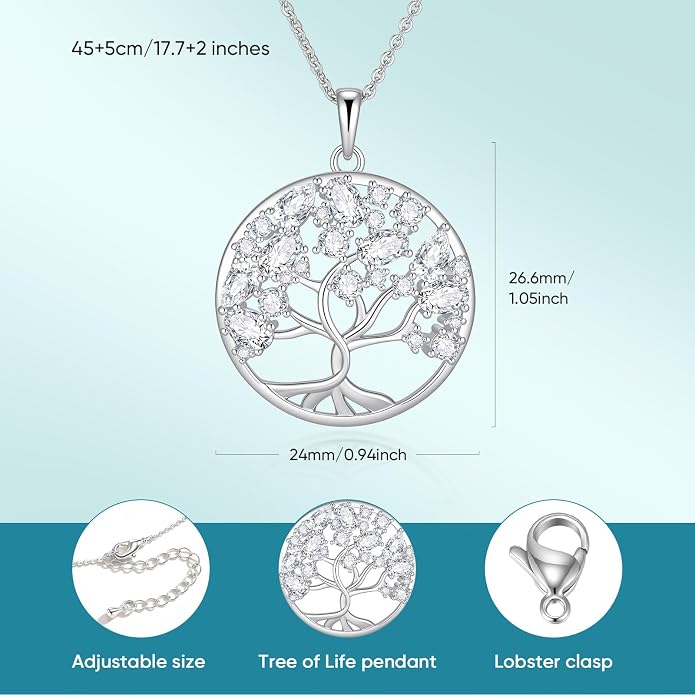 Tree of Life Necklace Jewelry Gifts - Family Tree Necklace Circular Pendant Zircon Leaves Energy Adjustable Chain Valentines Day Mothers Day Birthday Anniversary for Women Mom Wife Grandma