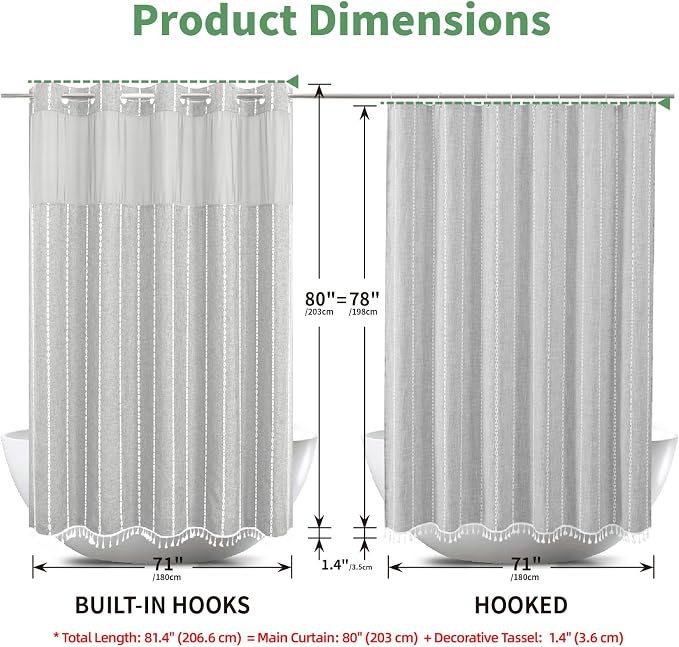 eachope No Hook Long Shower Curtain Set with Snap-in Fabric Liner,Linen Ultra Thick Fabric with Tassels,Boho Chic Modern Farmhouse Country Neutral Cloth Shower Curtains for Bathroom,Grey/Gray,71x80
