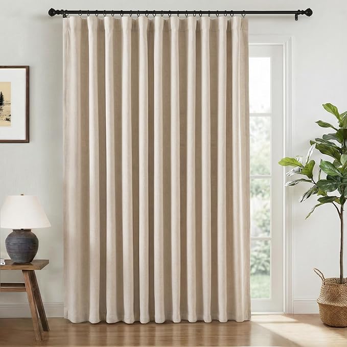 INOVADAY 100% Blackout Curtains for Bedroom, Oatmeal Black Out Curtains 96 Inch Long, Clip Rings Linen Blackout Drapes, Thermal Insulated Room Darkening for Living Room, 1 Panel - W102xL96