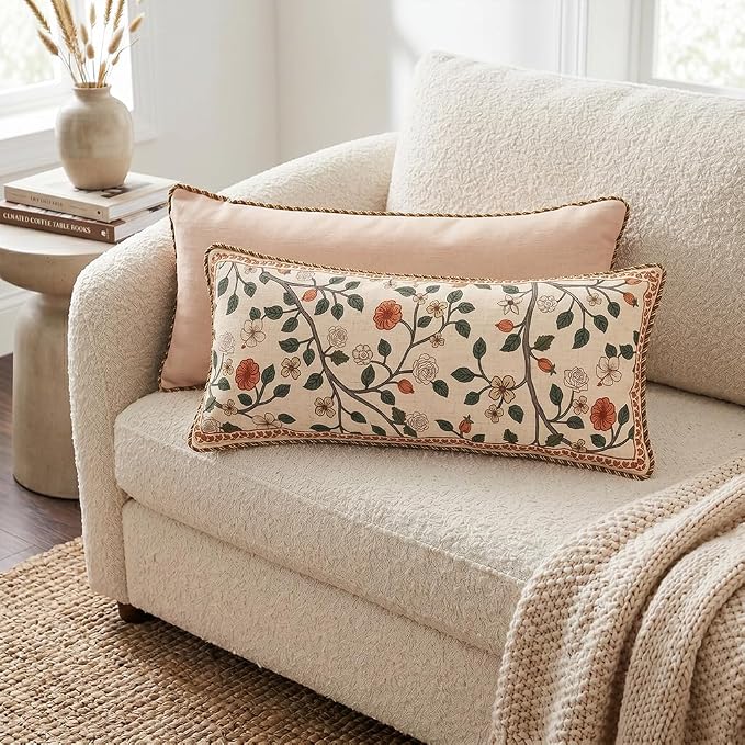 ISAENNE Designer Elegant Linen Throw Pillow Cover,Set of 2,28"x12"-Flora A | French Rectangle Decor Pillow Cover,Concealed Zipper Design,Floral Pattern,Sofa,Bedroom,Living Room,Lounge Chairs
