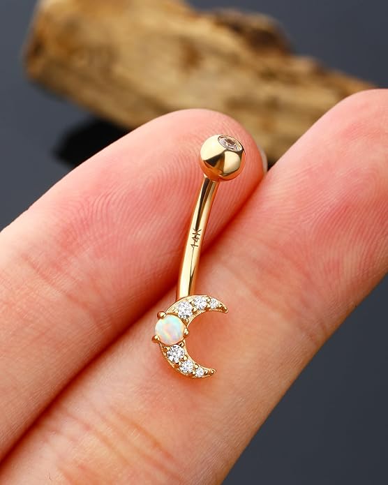 Jewseen 14K Gold Belly Button Rings Moon Belly Rings CZ Belly Button Piercing Opal Navel Rings Navel Piercing Jewelry for Women