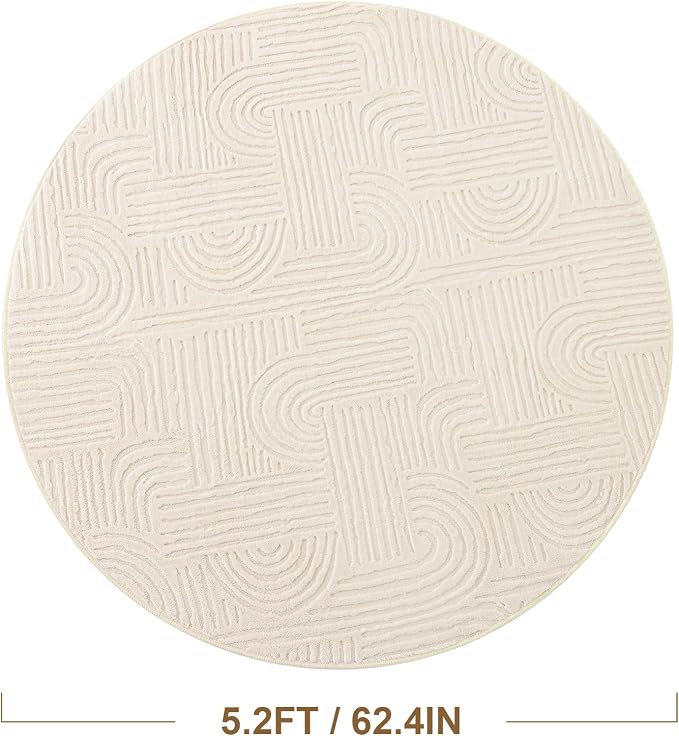 Carvapet 5.2' Round Rug Beige Washable High Low Pile Area Rugs Soft Plush Carpet for Living Room Bedroom Non Slip Indoor Floor Rug for Home Kids Nursery Decor