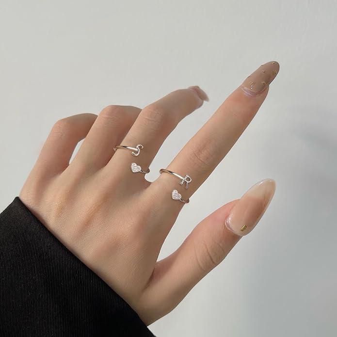 MILACOLATO 925 Sterling Silver Initial Rings for Women Teen Girl 18K Gold Plated Heart Initial Rings Adjustable Capital Letter Ring Stackable Thumb Pinky Rings for Daughter Birthday Bridesmaid Gifts Jewelry, A to Z
