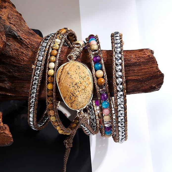 Women Wrap Bracelet Boho Natural Jasper Crystal Stone Beads Strand Bracelets