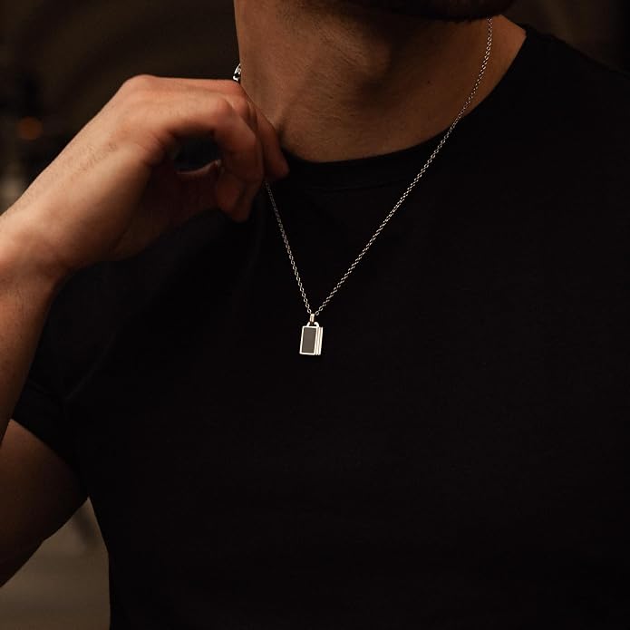 Forge & Foundry Men's Minimalist Stainless Steel and Solid Onyx Inlay Pendant | 21 Inch Rolo Chain | Design-Led Artisan Jewelry, from London