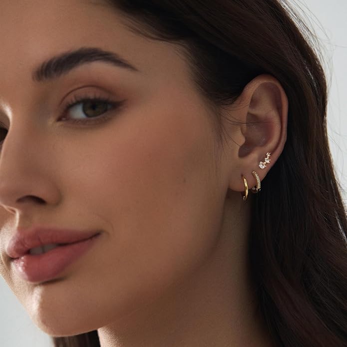 6 Pairs 14K Gold Plated Stud Earrings for Women, Hypoallergenic Cartilage Earrings for Multiple Piercing, Dainty Small Stackable Earrings Set for Jewelry Gift