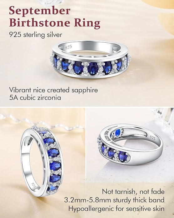 DAYBYDAY Oval Band Rings for Women, 925 Sterling Silver/14k Gold Plated Half Eternity Ring, Aquamarine/Ruby/Emerald/Sapphire Birthstone Rings, Thick Band Gemstone Anniversary Ring Size 6 to 10