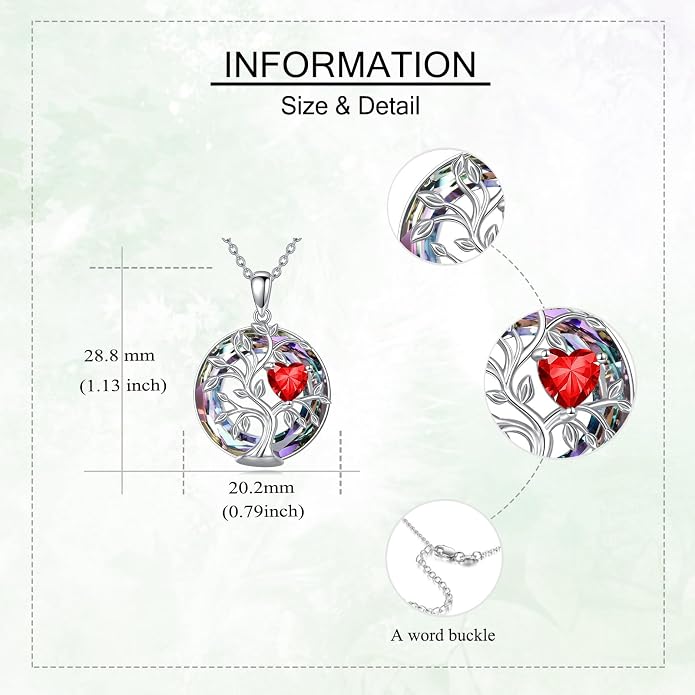 Tree Of Life Birthstone Necklace 925 Sterling Silver Crystal Family Tree Pendant Necklaces Heart Birthstone Jewelry For Women Female Anniversary Birthday Gifts
