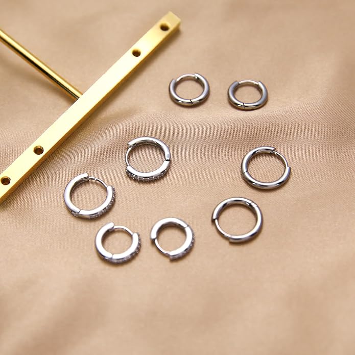 Stainless Steel Stud Earrings Set for Women Hypoallergenic Flat Back Cartilage Earrings Screw Back Huggie Hoop Earrings Multiple Piercing Cubic Zirconia Helix Tragus Jewelry