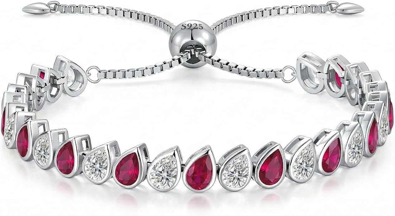 Birthstone Tennis Bracelet for Women 925 Sterling Silver Pear Shaped Gemstone Inlaid White Gold Plated Adjustable Chain Gifts for Mom Wife