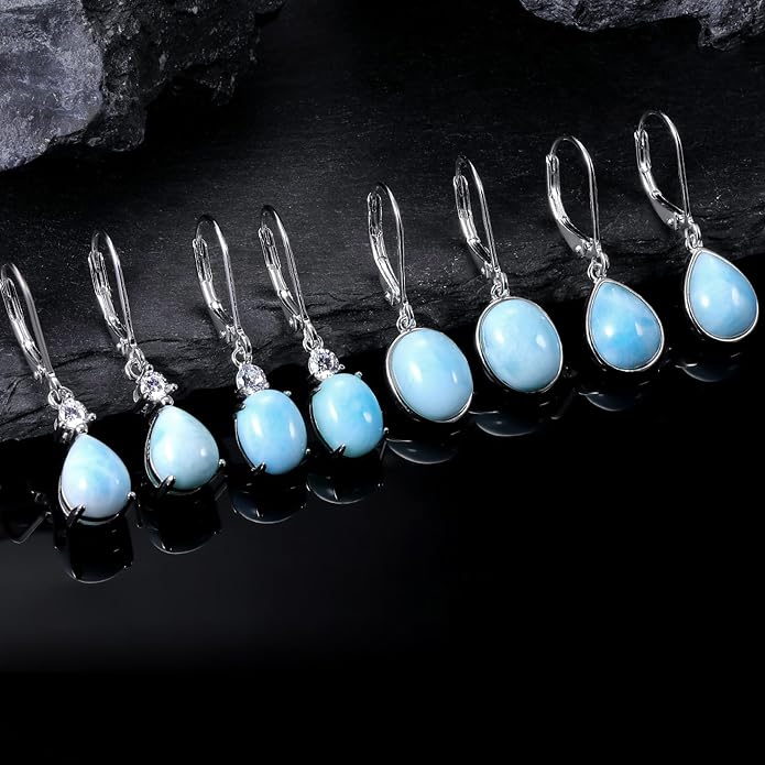 MDFUN 925 Sterling Silver Natural Larimar Earrings for Women Hypoallergenic Dangle Drop Blue Gemstone Leverback Jewelry