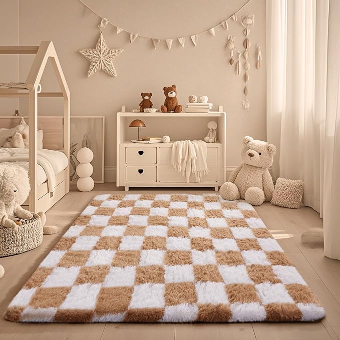Ophanie Checkered Beige & White Rug for Living Room Bedroom,Fluffy Soft Cute Fuzzy Area Rugs,Shag Plush Shaggy Bedside Floor 4x6 Furry Carpet Kids Baby Teen Dorm Decor with Over 99 pcs Pile fibers