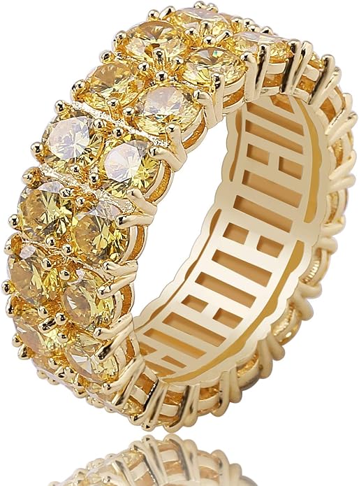 TOPGRILLZ 2-Row Cubic Zirconia Band Ring for Men & Women, 14K Gold Plated Brass, 9 mm Wide Iced-Out Eternity, Sizes 6-12, Golden or Silvery
