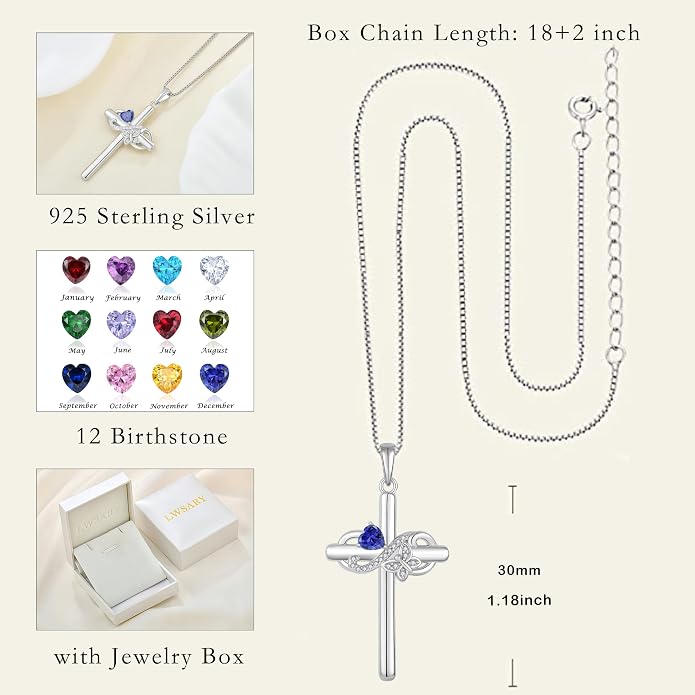 Infinity Butterfly Cross Necklace for Women 925 Sterling Silver Christian Religious Crucifix Pendant Birthstone Jewelry Gifts for Her