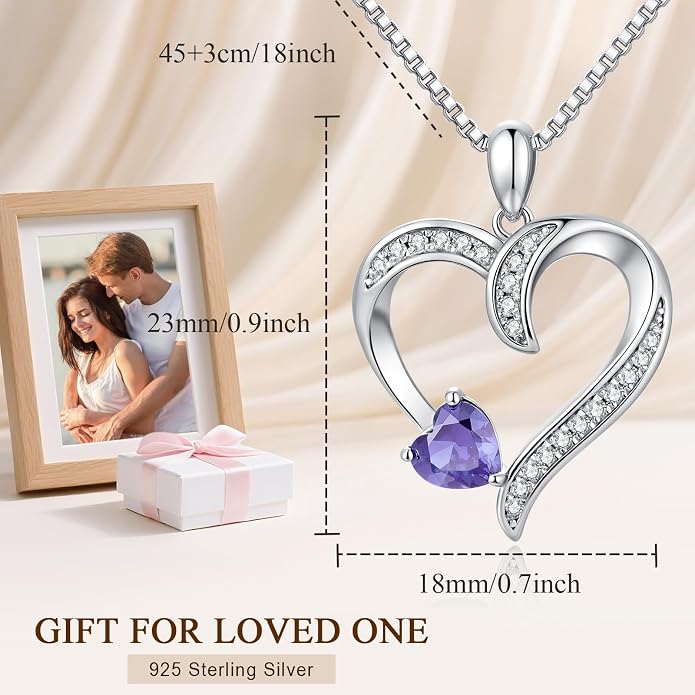 Love Heart Necklace for Women, 925 Sterling Silver Cubic Zirconia Birthstone Heart Pendant Jewelry Gift for Mom, Mother, Wife, Girlfriend on Birthday, Mother's Day, Chain 18 inch