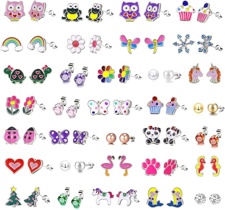 33 Pairs Stainless Steel Cartoon Earrings for Girls - Hypoallergenic Colorful Stud Earing Set, Mix & Match Cute Earring for Teens, Kids, Doll Dressup Accessories