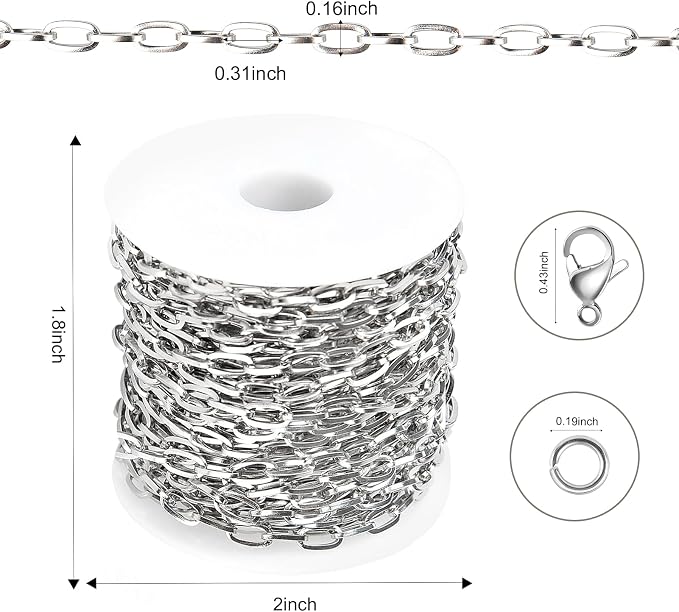 Kyutong 32.8 Feet Flat Oval Paperclip Jewelry Chain Link Silver Stainless Steel Chain Necklace Long Crafting Chains with Lobster Clasps and Open Jump Rings