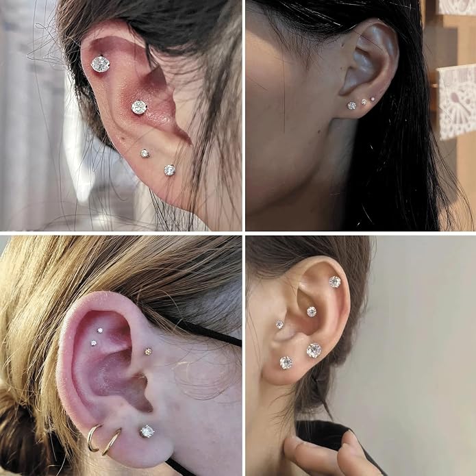 20G Hypoallergenic G23 Titanium Cubic Zirconia Silver Flat Back Earrings for Women and Men,Nickel-Free and Lead-Free Medical Waterproof Studs,Cartilage Stud Earrings for Sensitive Ears,Fashion Piercing Jewelry for Sensitive Skin