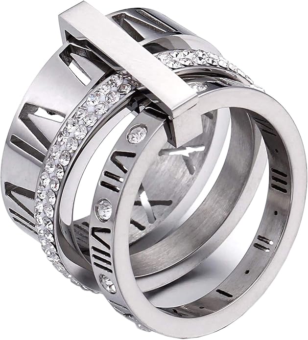 Stainless Steel CZ Zirconia Roman Numeral Ring For Women Stacking Thumb 3 in 1 Spinner Rings