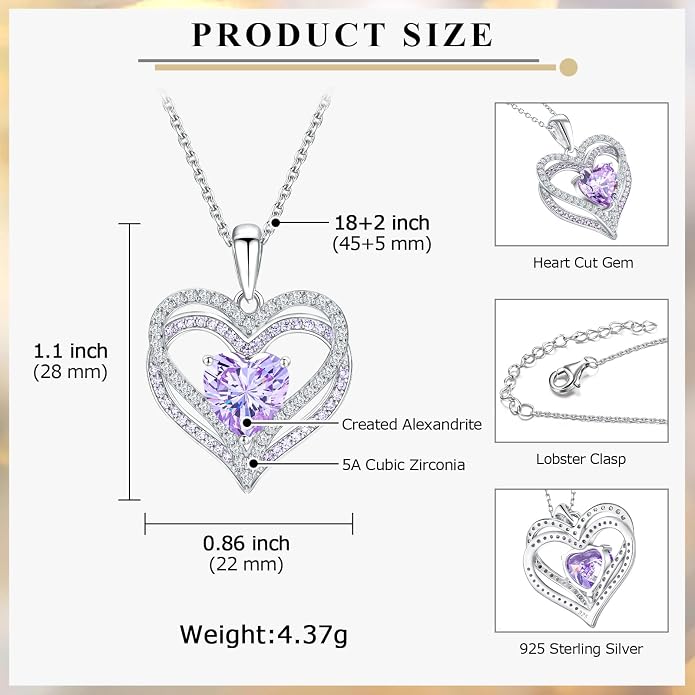 Anniversary Charm Necklace, Sterling Silver 14K Gold Plated Chain with Interlocking Heart Pendant Elegant Birthstone Necklaces for Women, Length 18"