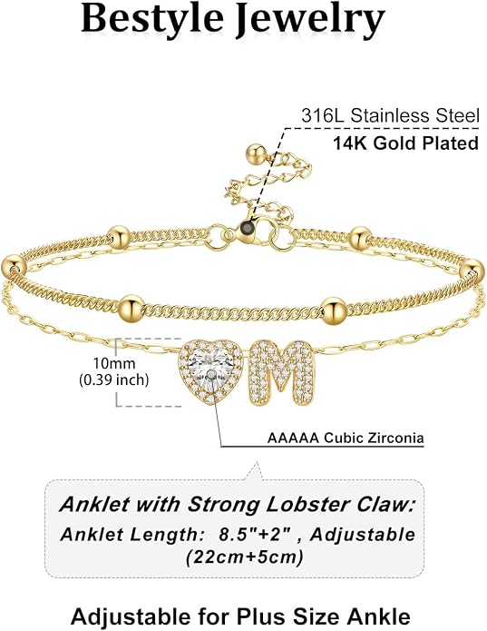 Bestyle Initial Anklet Bracelets for Women Waterproof Non Tarnish 14K Gold/White Gold Plated CZ Anklets for Women Dainty Layered Letter Heart Ankle Bracelets Adjustable Foot Chain Anklet