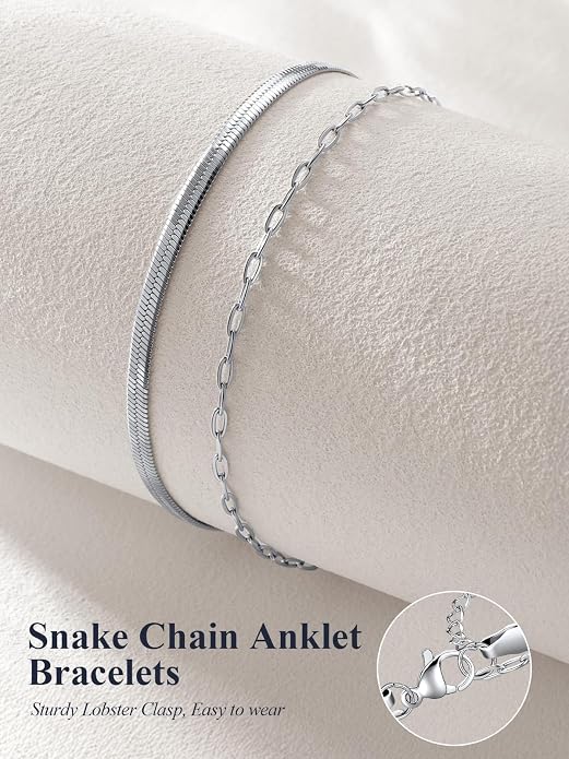 U7 Silver/Gold Ankle Bracelets for Women Layered Chain Anklets Stainless Steel Waterproof Summer Beach Anklet Cham, Adjustable 8.5"-10.5"
