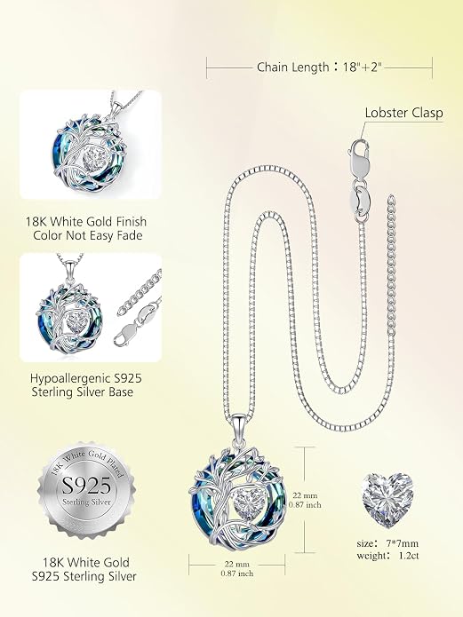 TOUPOP Tree of Life Birthstone Necklace Sterling Silver Pendant Birthstone Necklaces with Blue Crystal Anniversary Birthday Jewelry for Women Mom Wife Her