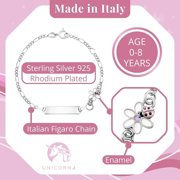 UNICORNJ 925 Italy Sterling Silver Child or Baby Name Bracelet Girls Boys, Personalized Engraved Kids ID Bracelets, 6.5" Figaro Chain, Enamel Charm Newborn Infant Toddler Kid Jewelry