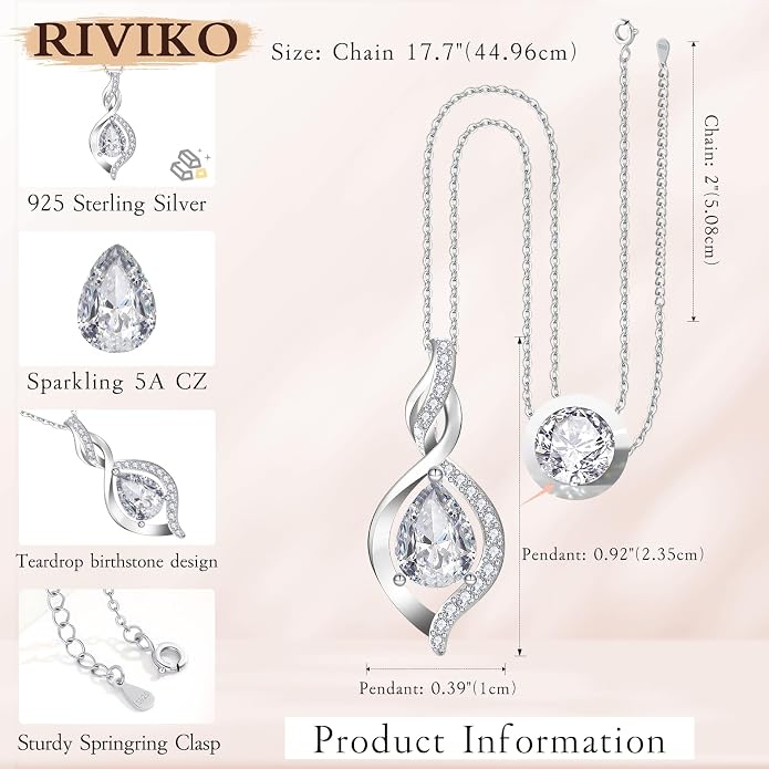 RIVIKO Valentines Day Gifts for Her-Infinity Birthstone Necklace for Women,925 Sterling Silver Teardrop Necklace, Womens Jewelry Birthday Gifts for Women Friend Her Mom Wife Lady