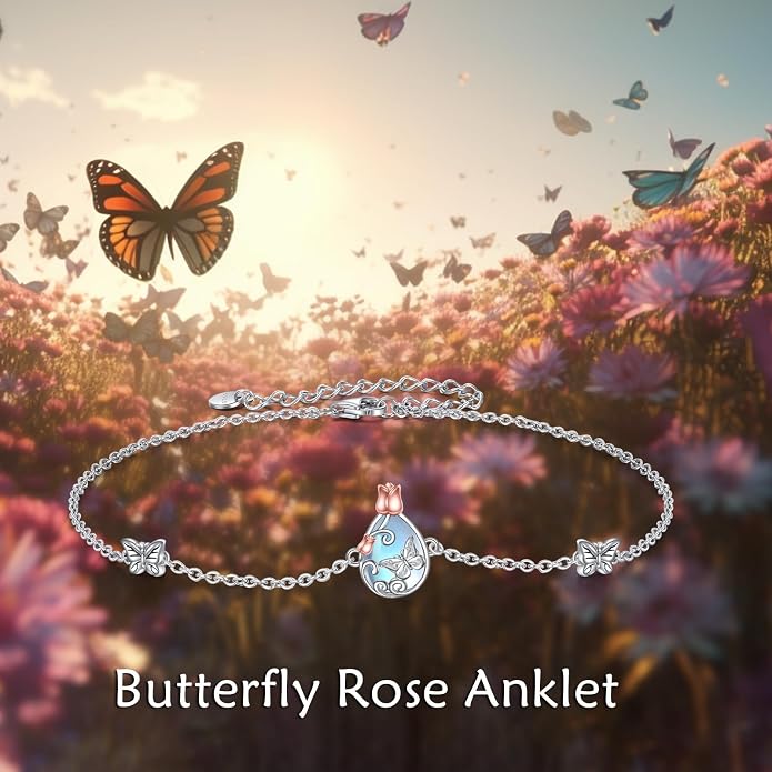AOBOCO 925 Sterling Silver Anklet for Women Crystal Butterfly Dragonfly Evil Eye Ankle Bracelet Ankle Summer Beach Jewelry Gifts