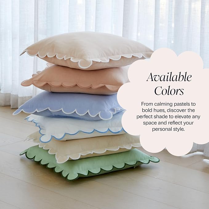 BEBE BASK Blue Scalloped Pillow Cover - Set of 2-18 x 18 Inch - Scallop Pillow Cover - Scalloped Pillows - Scallop Pillows - 100% Cotton - Grandmillennial Style (Sky Blue/White)