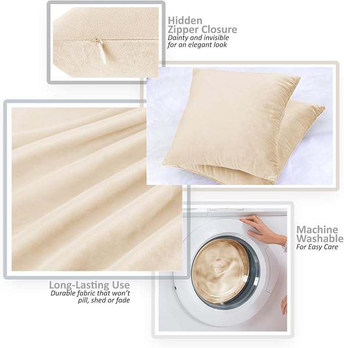 Nestl Throw Pillow Covers, Cozy Velvet Decorative Outdoor Pillow Covers 16 x 16 Inches, Soft Solid Cushion Covers for Sofa, Bed and Car, Set of 2 - Beige Cream