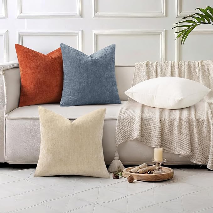 decorUhome Soft Chenille Haze Blue Throw Pillow Covers 24X24 Set of 2 | Decorative Fall Couch Pillow Covers Solid Dyed Accent Modern Euro Sham Farmhouse Neutral Square Pillow Cases for Sofa