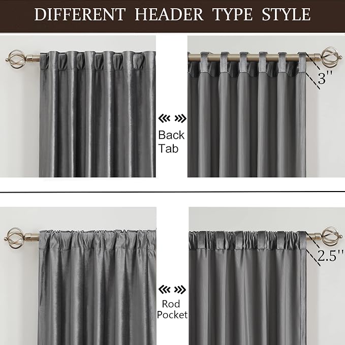 100% Blackout Grey Velvet Curtains 90 inch Long for Living Room,Elegant 2 Panels Back Tab Thermal Insulated Room Darkening Curtain with Liner Heavy Noice Reducing Soundproof Window Drapes for Bedroom