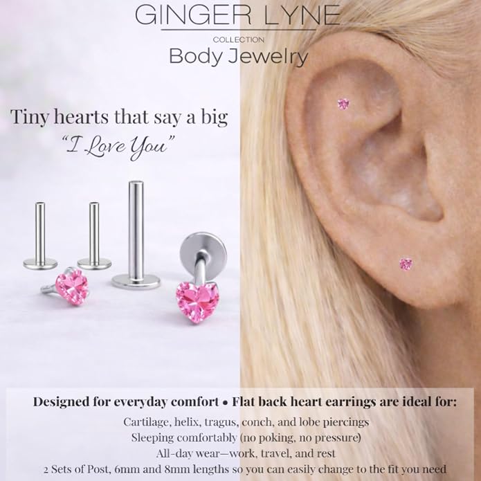 Titanium Heart CZ Labret Stud Earrings for Piercings by Ginger Lyne 6Pc Set G23 Screw Front Flat Back Body Jewelry 2 pair post 6mm, 8mm Cartilage, Helix, Tragus, Lip, Conch, Lobe