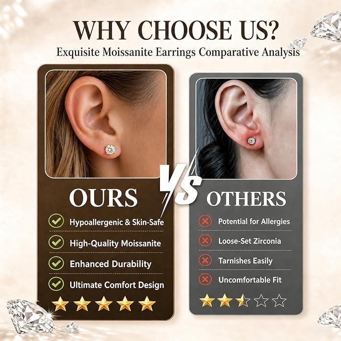 3 Pairs Moissanite Earrings, Flat Back Stud Earrings for Women Men, D Color VVS1 Hypoallergenic 925 Sterling Silver Post, Cartilage Helix Piercing Jewelry Set