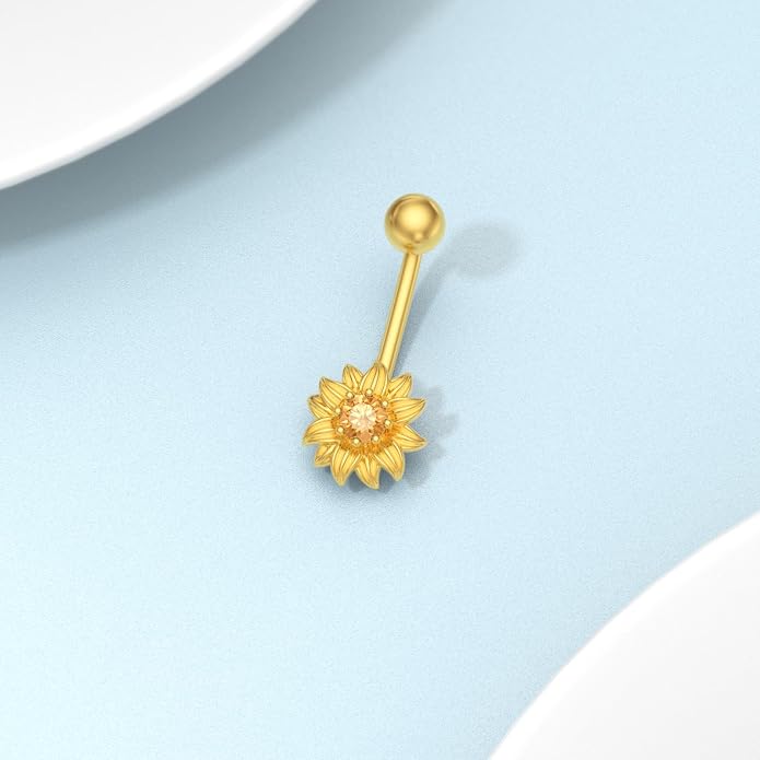 Sunflower Belly Button Ring 925 Sterling Silver 18K Gold Plated Natural Citrine Sunflower Navel Piercing Nail Jewelry Gifts for Women