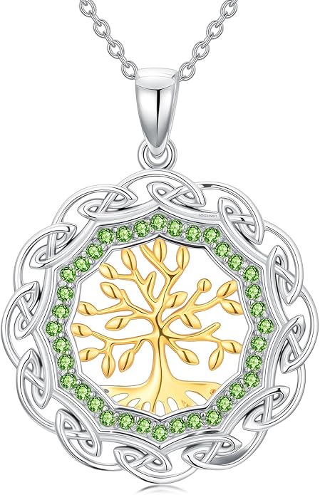 Sterling Silver Birthstone Celtic Tree of Life Necklace, 18K Gold Plated Colored Gemstone Tree of Life Pendant Two-Tone Necklaces Jewelry Birthday Gifts for Women 18" - 20"
